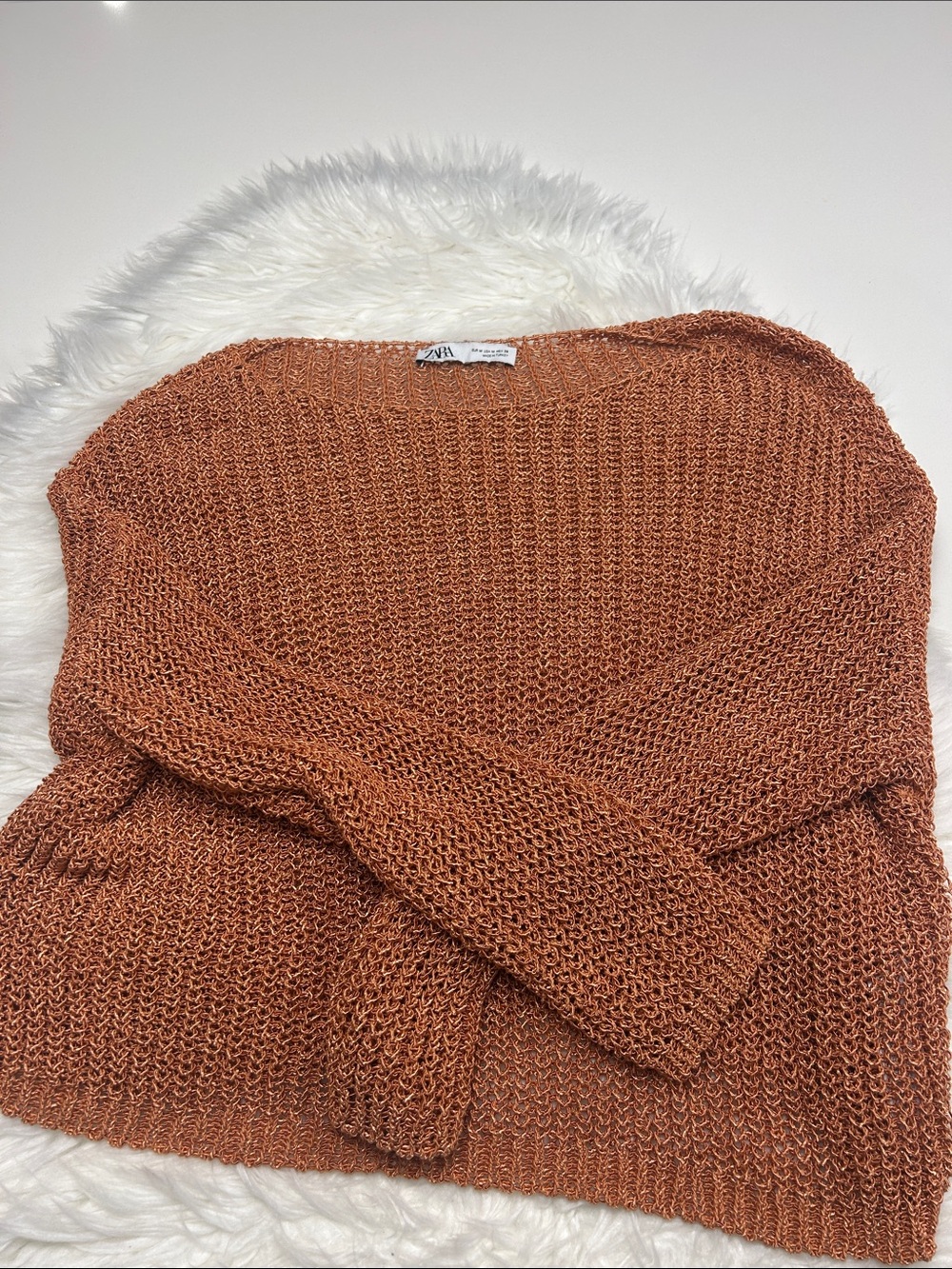 Zara Open-Weave Crewneck Sweater in Rust Size Medium